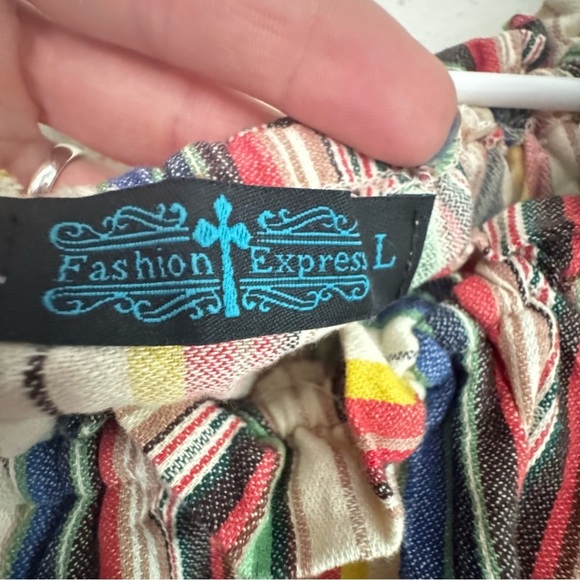 Express Striped Off-the-Shoulder Cotton Boho Smock Sundress w/ Pockets Sz L - Picture 3 of 10